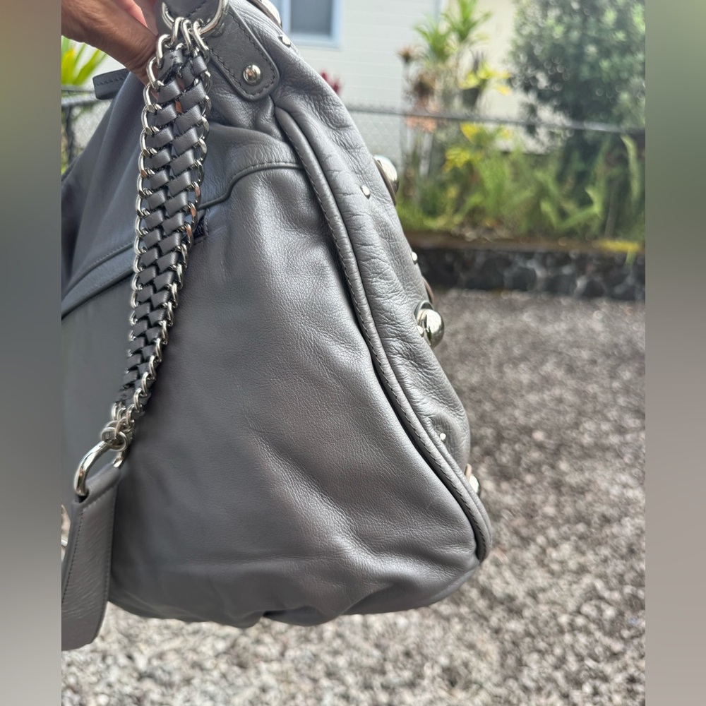 Sharif Gray Leather Studded Hobo Shoulder Bag with Chain Strap & Tassel - Picture 12 of 16
